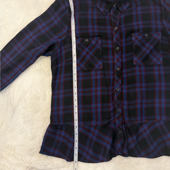 CAbi Moody Plaid Peplum Button Down Top Large Blue Black - Picture 9 of 10